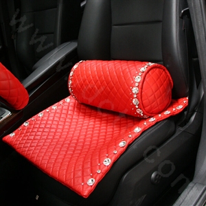 Luxury Diamond Universal Car Seat Cushion Women Genuine Sheepskin Auto Pad 1pcs - Red