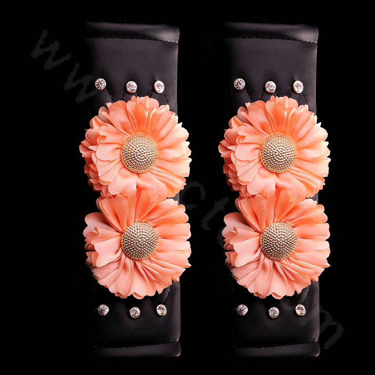 Luxury Flower Rhinestone Leather Car Seat Safety Belt Covers Interior Decoration 2pcs - Champagne