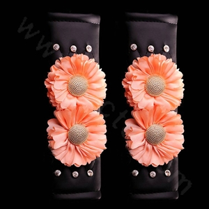 Luxury Flower Rhinestone Leather Car Seat Safety Belt Covers Interior Decoration 2pcs - Champagne