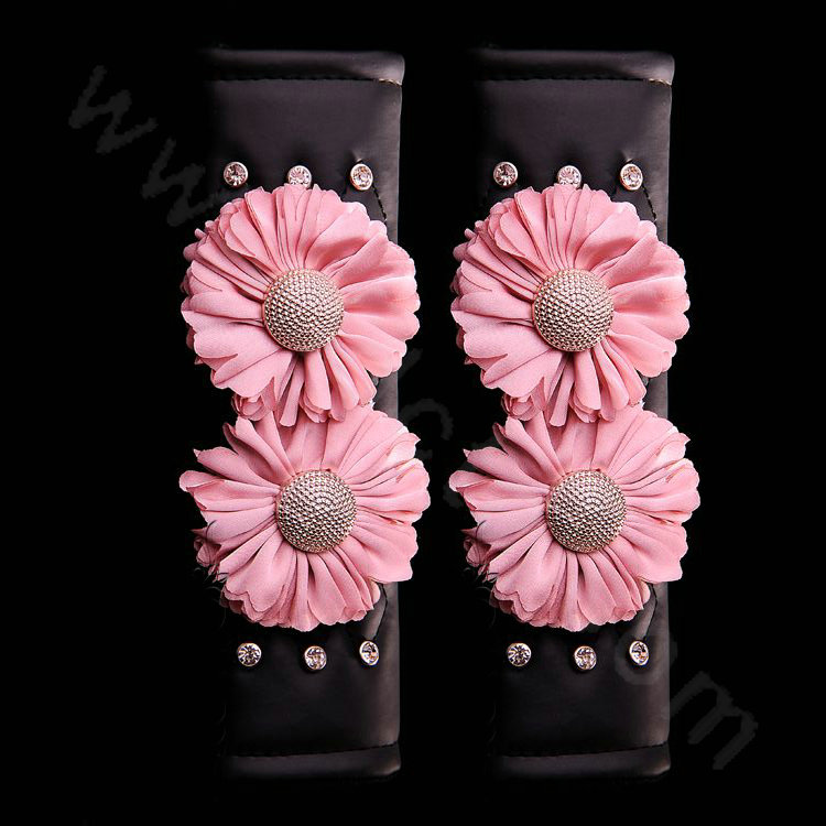 Luxury Flower Rhinestone Leather Car Seat Safety Belt Covers Interior Decoration 2pcs - Pink