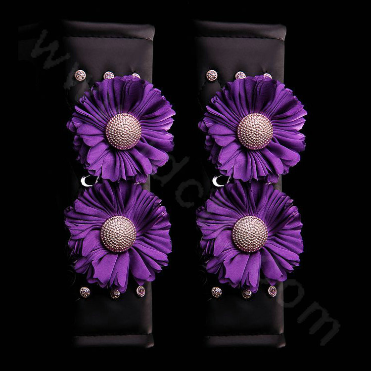 Luxury Flower Rhinestone Leather Car Seat Safety Belt Covers Interior Decoration 2pcs - Purple