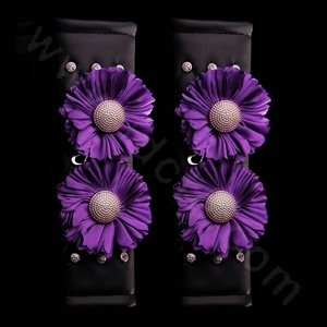 Luxury Flower Rhinestone Leather Car Seat Safety Belt Covers Interior Decoration 2pcs - Purple