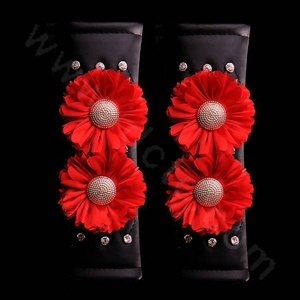 Luxury Flower Rhinestone Leather Car Seat Safety Belt Covers Interior Decoration 2pcs - Red