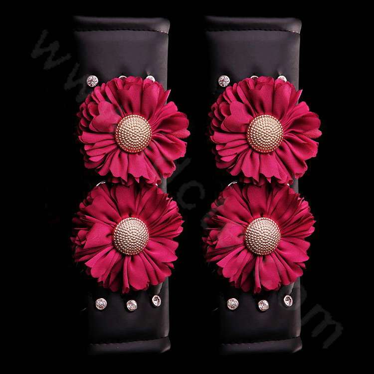 Luxury Flower Rhinestone Leather Car Seat Safety Belt Covers Interior Decoration 2pcs - Rose