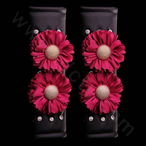 Luxury Flower Rhinestone Leather Car Seat Safety Belt Covers Interior Decoration 2pcs - Rose