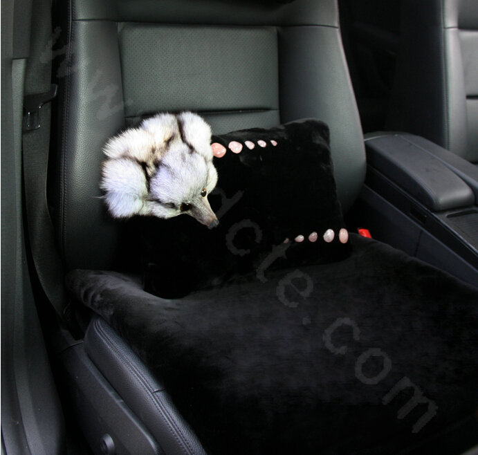 Luxury Fox fur Crystal Genuine Wool Auto Lumbar Pillow Back Support Cushion 1pcs - Black