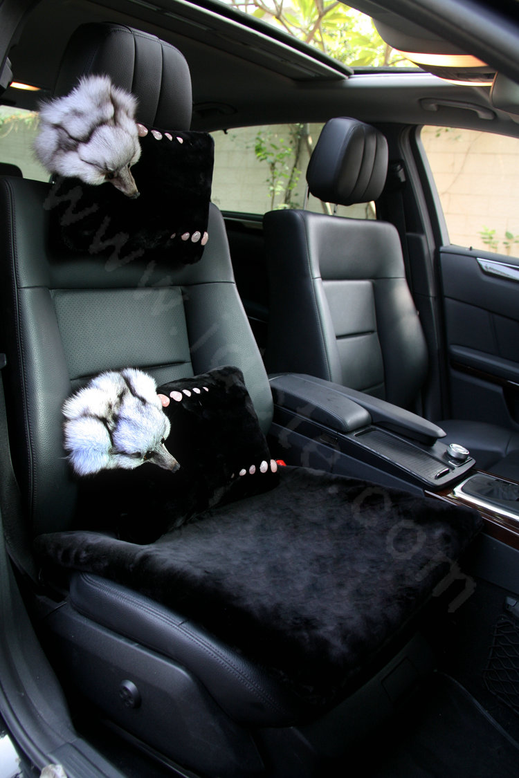 Luxury Fox fur Crystal Genuine Wool Auto Lumbar Pillow Back Support Cushion 1pcs - Black