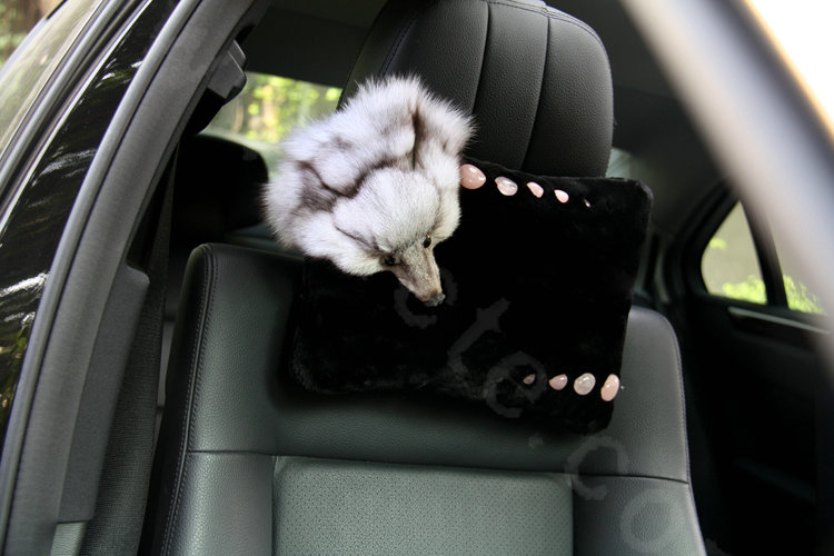Luxury Fox fur Crystal Genuine Wool Auto Neck Safety Pillow Interior Accessories 1pcs - Black