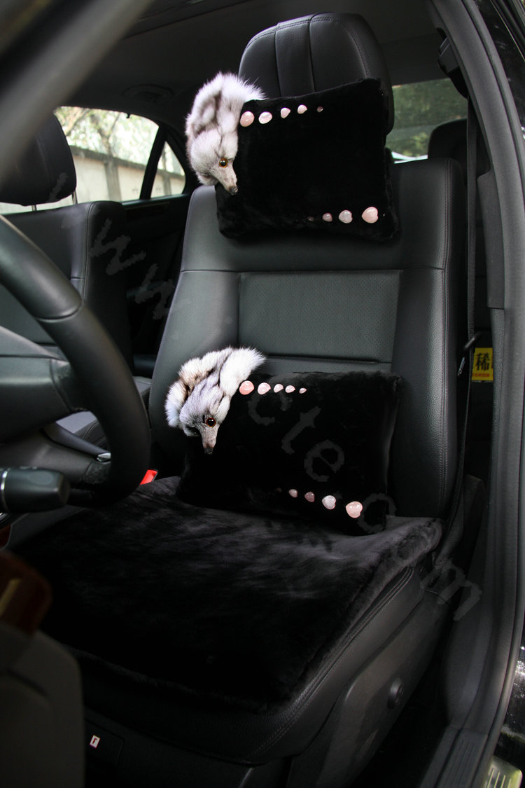Luxury Fox fur Crystal Genuine Wool Auto Neck Safety Pillow Interior Accessories 1pcs - Black