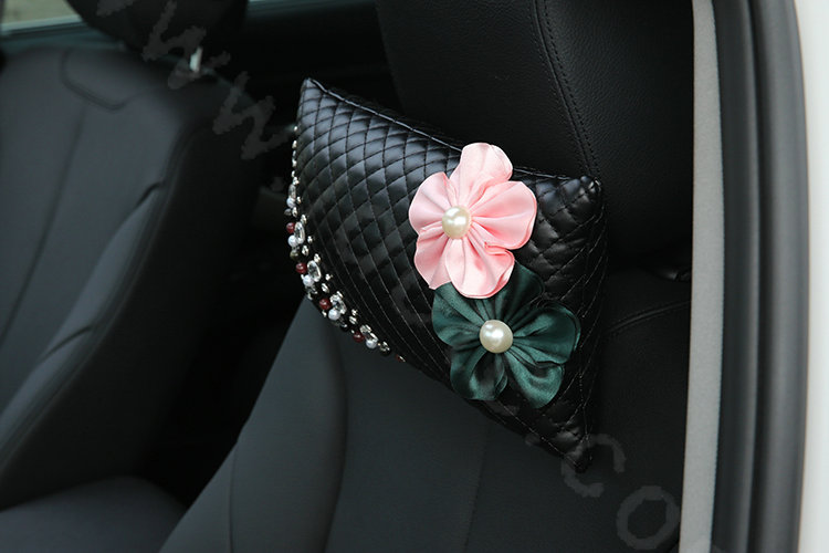 Luxury Genuine Leather Crystal Beads Flower Car Headrest Supplies Neck Safety Pillow 1pcs - Black