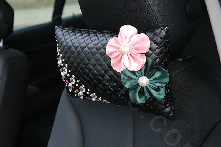 Luxury Genuine Leather Crystal Beads Flower Car Headrest Supplies Neck Safety Pillow 1pcs - Black