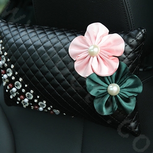 Luxury Genuine Leather Crystal Beads Flower Car Headrest Supplies Neck Safety Pillow 1pcs - Black