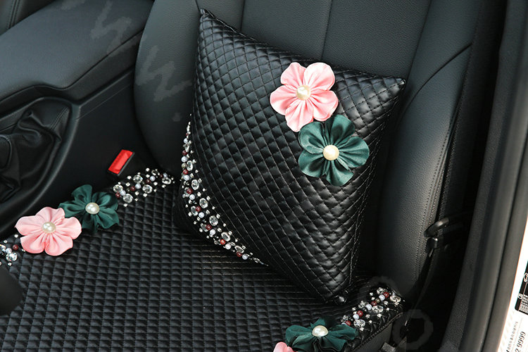 Luxury Genuine Leather Crystal Beads Flower Car Lumbar Pillow Back Support Cushion 1pcs - Black
