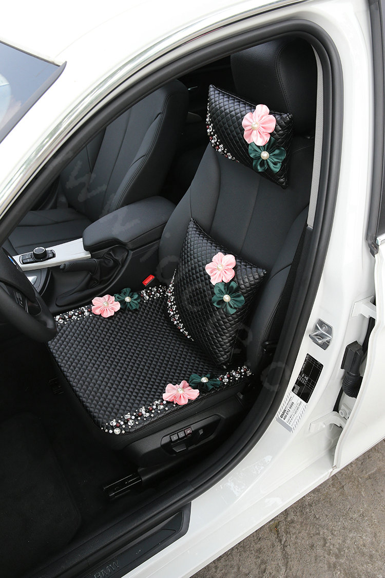Luxury Genuine Leather Crystal Beads Flower Car Lumbar Pillow Back Support Cushion 1pcs - Black