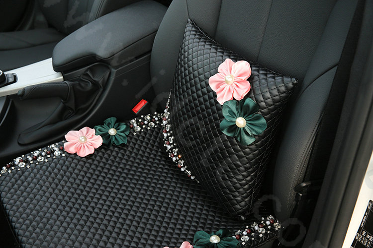 Luxury Genuine Leather Crystal Beads Flower Car Lumbar Pillow Back Support Cushion 1pcs - Black