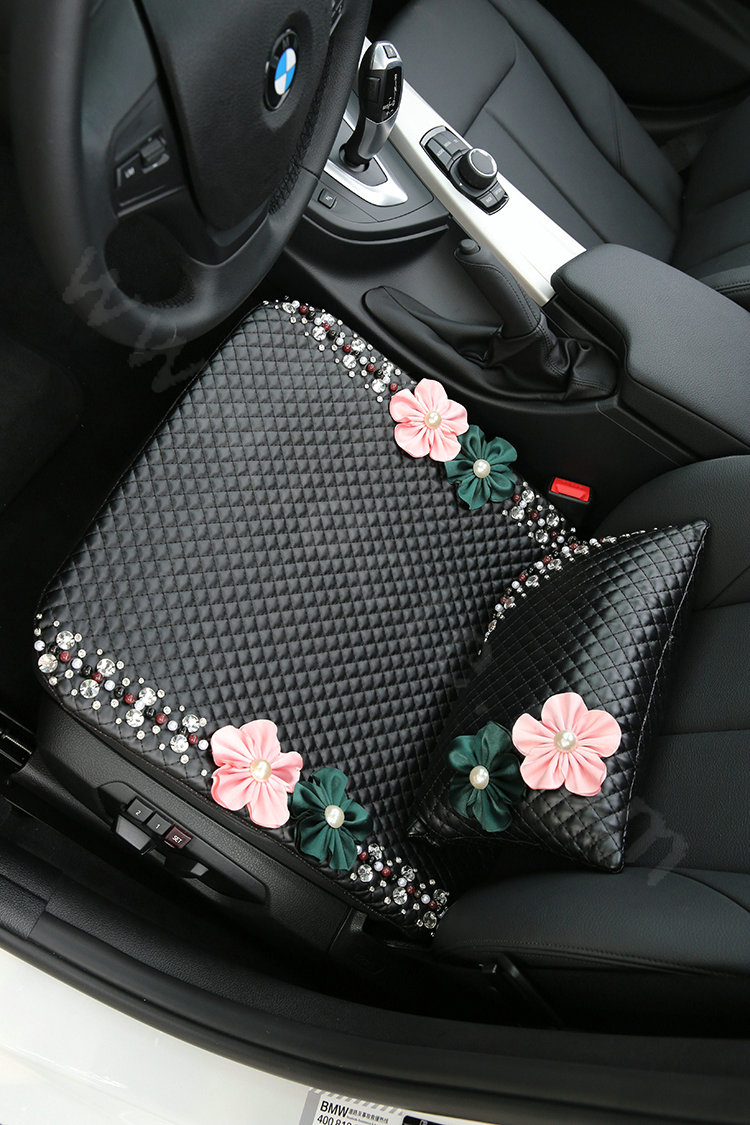 Luxury Genuine Leather Crystal Beads Flower Car Lumbar Pillow Back Support Cushion 1pcs - Black