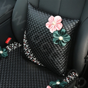 Luxury Genuine Leather Crystal Beads Flower Car Lumbar Pillow Back Support Cushion 1pcs - Black