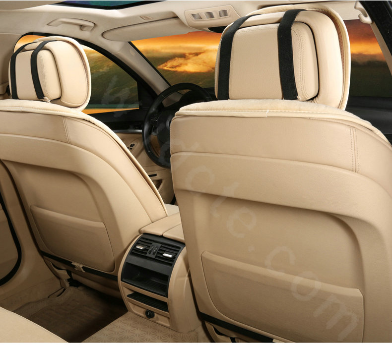 Luxury Genuine Wool Auto Cushion Man Business Casual Universal Car Seat Covers 15pcs Sets - Beige