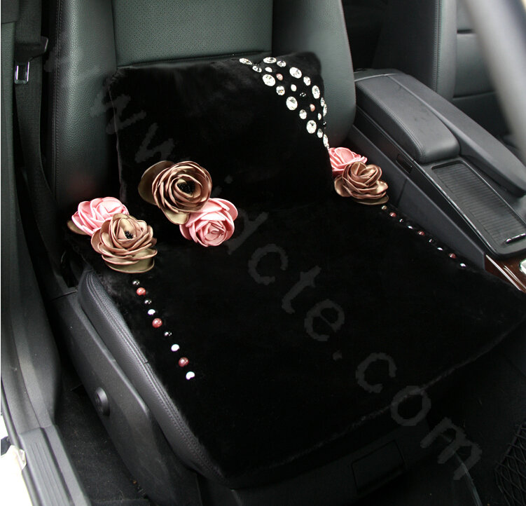 Luxury Genuine Wool Universal Car Seat Cushion Beads Diamond Rose Auto Pad 1pcs - Black