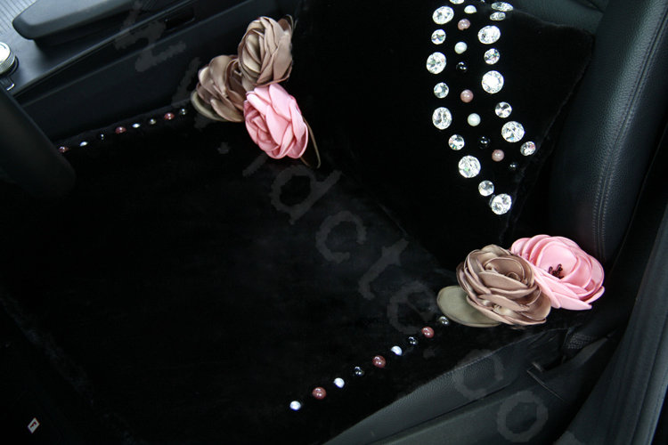 Luxury Genuine Wool Universal Car Seat Cushion Beads Diamond Rose Auto Pad 1pcs - Black