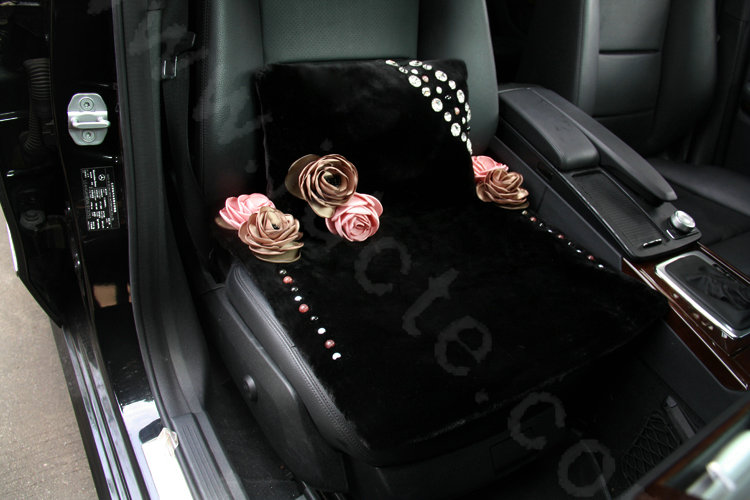 Luxury Genuine Wool Universal Car Seat Cushion Beads Diamond Rose Auto Pad 1pcs - Black