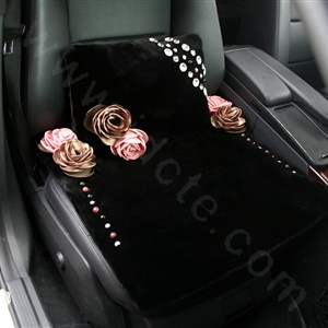 Luxury Genuine Wool Universal Car Seat Cushion Beads Diamond Rose Auto Pad 1pcs - Black