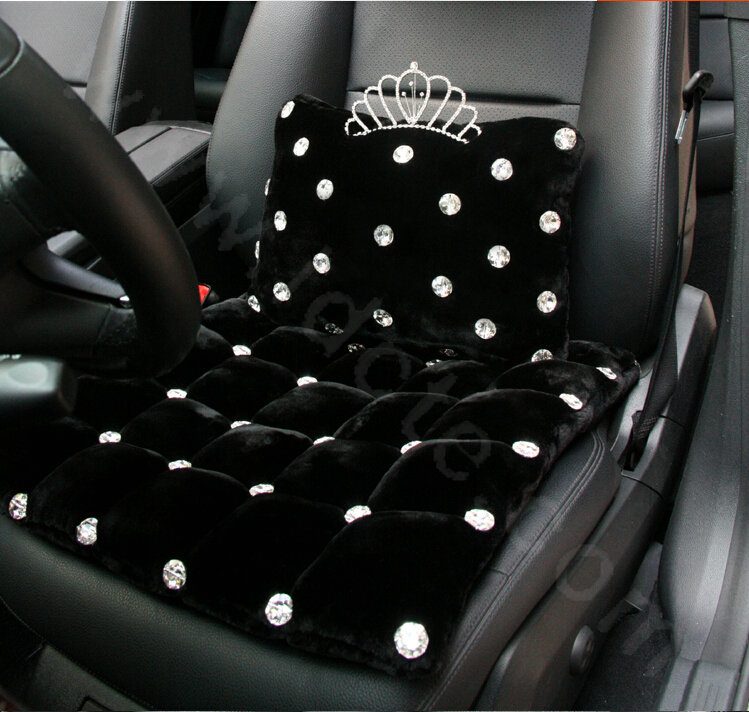 Luxury Genuine Wool Universal Car Seat Cushion Diamond Winter Auto Pad 1pcs - Black