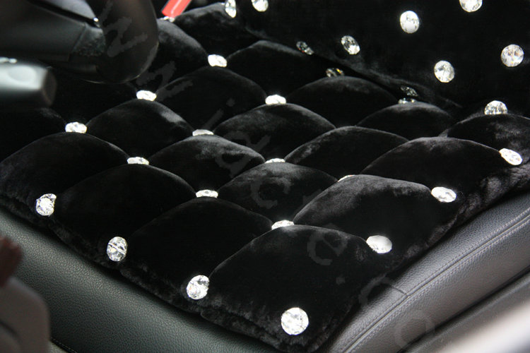 Luxury Genuine Wool Universal Car Seat Cushion Diamond Winter Auto Pad 1pcs - Black