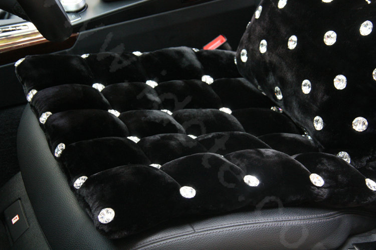 Luxury Genuine Wool Universal Car Seat Cushion Diamond Winter Auto Pad 1pcs - Black