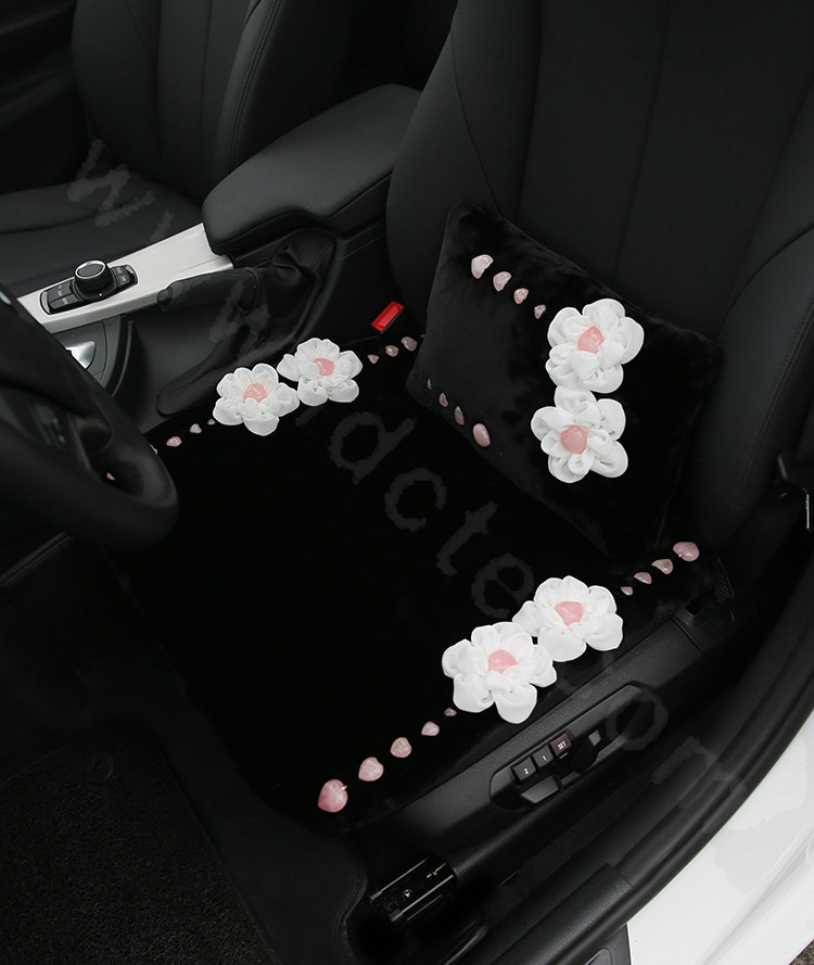 Luxury Genuine Wool Universal Car Seat Cushion Powder Crystal Rose Auto Front Pad 1pcs - Black