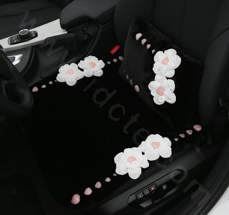 Luxury Genuine Wool Universal Car Seat Cushion Powder Crystal Rose Auto Front Pad 1pcs - Black