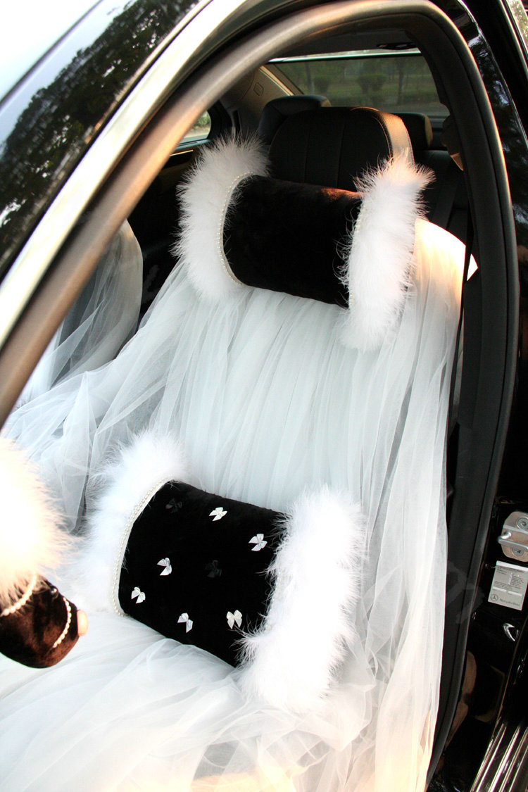 Luxury Genuine Wool With Fox Fur Car Lumbar Pillow Back Support Cushion 1pcs - Black