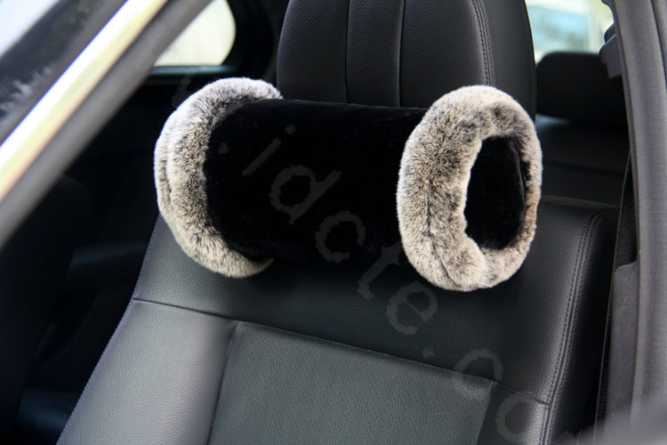 Luxury Genuine Wool With Rabbit Fur Auto Neck Safety Pillow Car Accessories 1pcs - Black