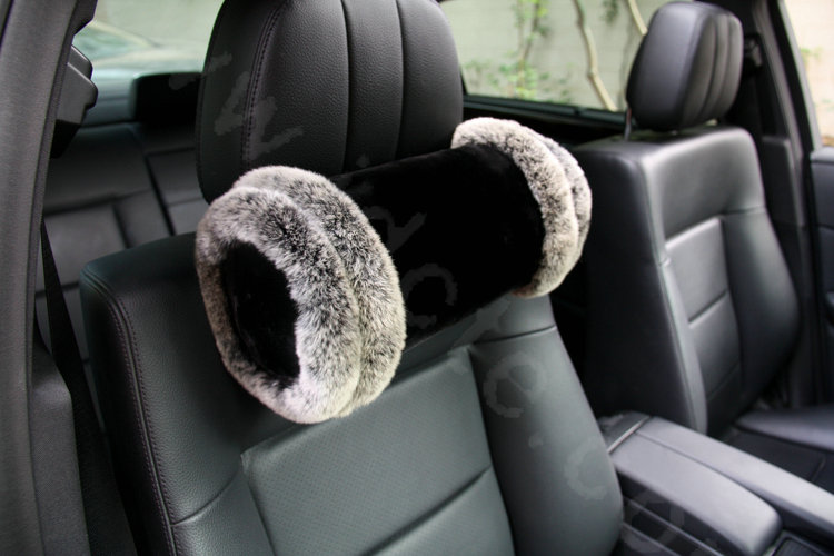 Luxury Genuine Wool With Rabbit Fur Auto Neck Safety Pillow Car Accessories 1pcs - Black