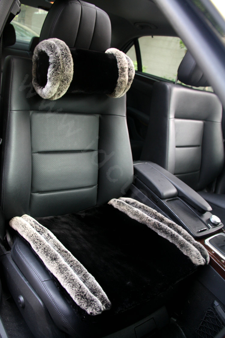 Luxury Genuine Wool With Rabbit Fur Auto Neck Safety Pillow Car Accessories 1pcs - Black