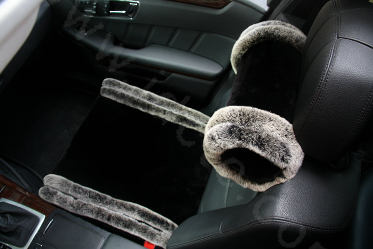 Luxury Genuine Wool With Rabbit Fur Auto Neck Safety Pillow Car Accessories 1pcs - Black