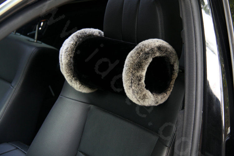 Luxury Genuine Wool With Rabbit Fur Auto Neck Safety Pillow Car Accessories 1pcs - Black