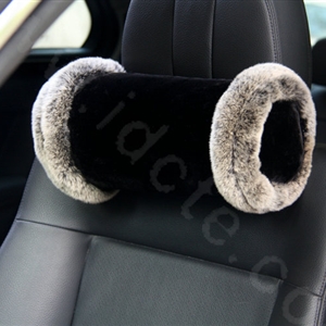 Luxury Genuine Wool With Rabbit Fur Auto Neck Safety Pillow Car Accessories 1pcs - Black