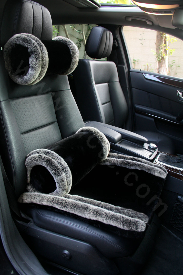 Luxury Genuine Wool With Rabbit Fur Car Lumbar Pillow Back Support Cushion 1pcs - Black