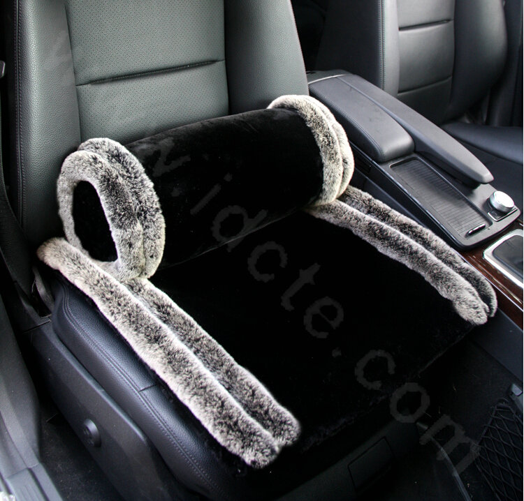 Luxury Genuine Wool With Rabbit Fur Universal Car Seat Cushion Winter Auto Pad 1pcs - Black