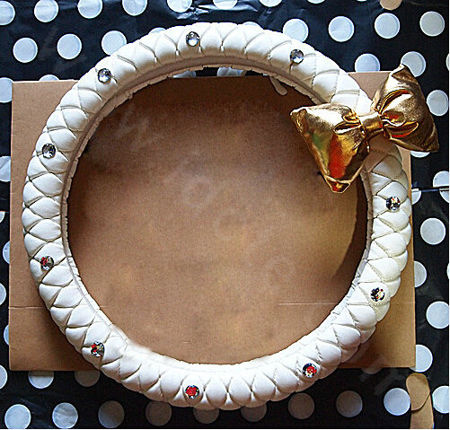 Luxury Gold Bowknot Diamond Genuine Leather Car Steering Wheel Covers 15 inch 38CM - White