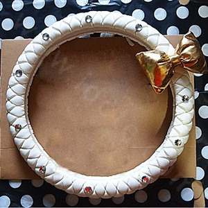 Luxury Gold Bowknot Diamond Genuine Leather Car Steering Wheel Covers 15 inch 38CM - White