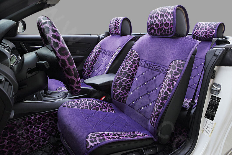 Luxury Leopard Print Female Diamond Universal Car Seat Cushion PU Velvet 10pcs Set - Purple
