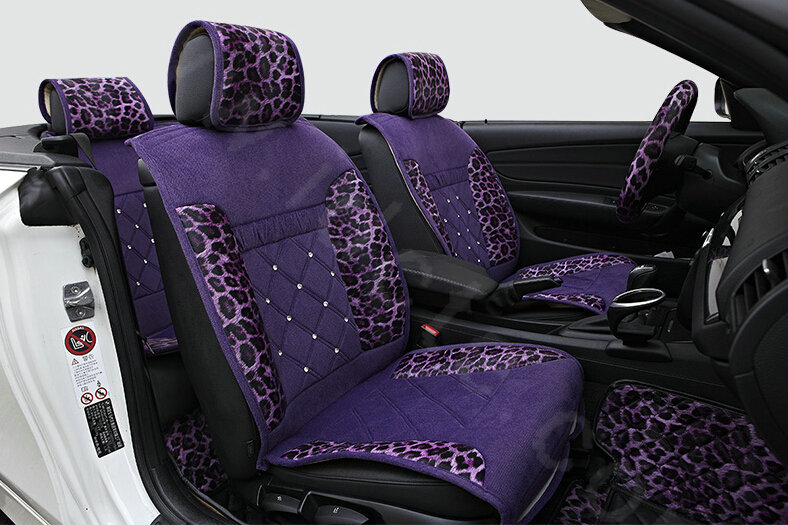 Luxury Leopard Print Female Diamond Universal Car Seat Cushion PU Velvet 10pcs Set - Purple