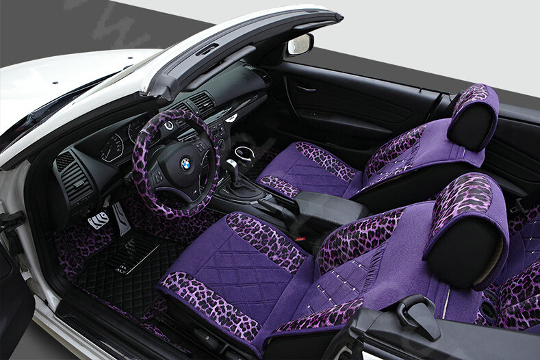 Luxury Leopard Print Female Diamond Universal Car Seat Cushion PU Velvet 10pcs Set - Purple