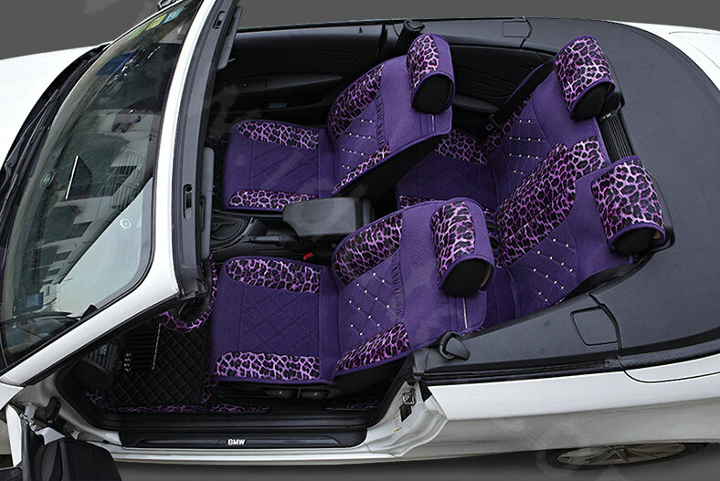 Luxury Leopard Print Female Diamond Universal Car Seat Cushion PU Velvet 10pcs Set - Purple