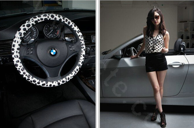Luxury Milk Cow Spots PVC Leather Car Steering Wheel Covers 15 inch 38CM - Black White