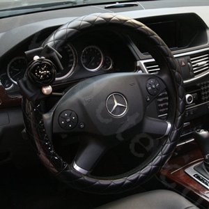 Luxury Pearl Camellia Flower Grip Steering Wheel Covers Genuine Sheepskin 14 inch 36CM - Black