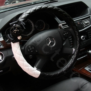 Luxury Pearl Camellia Flower Grip Steering Wheel Covers Genuine Sheepskin 15 inch 38CM - Black White