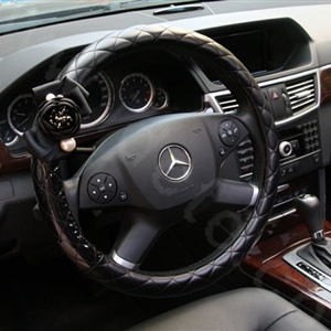 Luxury Pearl Camellia Flower Grip Steering Wheel Covers Genuine Sheepskin 15 inch 38CM - Black